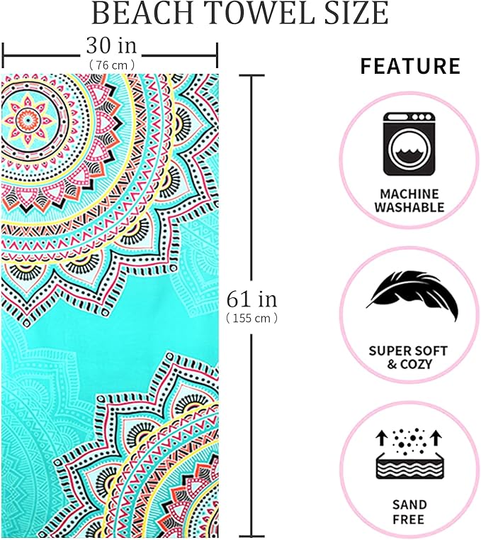 Beach Towel Microfiber 60"x30" Lightweight Sand Free Absorbent Quicy Dry Green Flower Travel Towels Swim Pool Yoga Gym Camping for Adults Women Girls Beach Essentials Accessories Vacation Gift