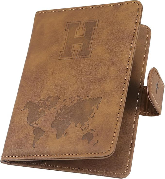 Personalized Passport Holder – Initial Letter Passport Cover with RFID Blocking, Holds 2 Passports, Slim PU Leather Unisex Travel Wallet, Brown H
