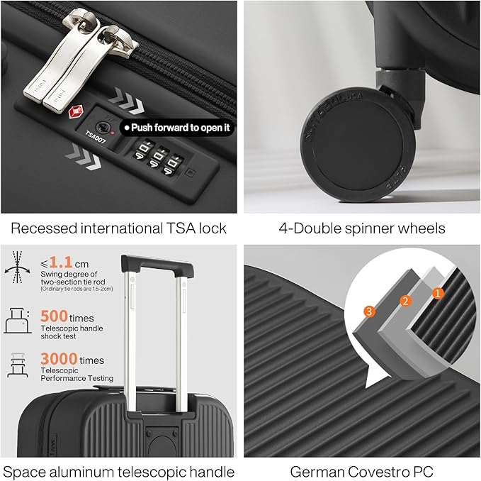 mixi Checked Luggage with Cup Phone Holder Hard Shell Rolling Travel Suitcases with Spinner Wheels,24 Inch Black