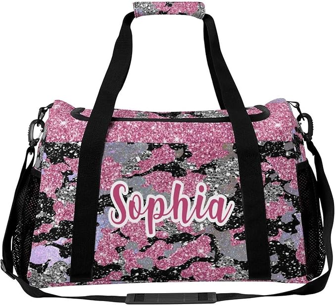 Personalized Name Sports Player Duffel Bags Pink Camouflage Sparkle Sequin Print Travel Perform Training Waterproof Casual Bag Weekender Overnight Bag
