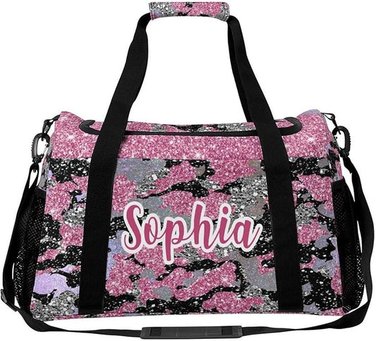 Personalized Name Sports Player Duffel Bags Pink Camouflage Sparkle Sequin Print Travel Perform Training Waterproof Casual Bag Weekender Overnight Bag