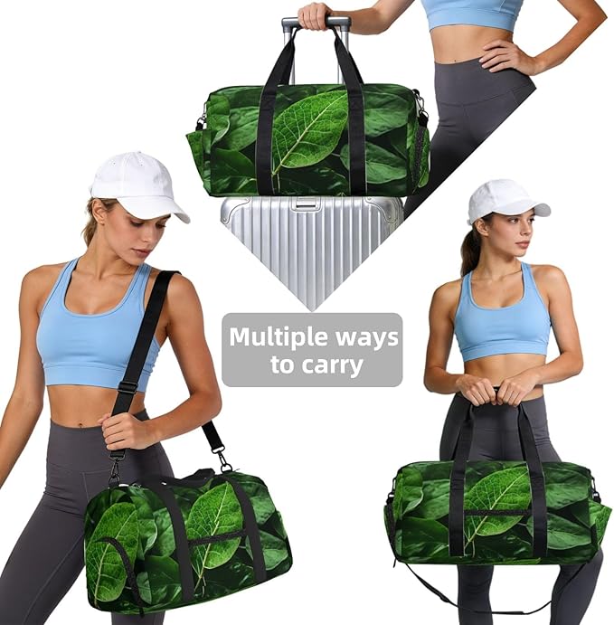 Green Leaf Nature Print Gym Bag with Shoe Compartment for Women Men, 17.7in Sports Duffle Weekender Tote, Overnight Travel Duffel Bag Carry On