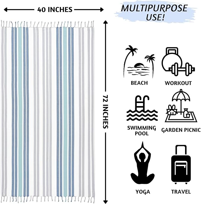 Folkulture Turkish Beach Towel for Adults with Travel Bag 40" x 72" Bath Towels, Beach Blanket or Oversized Sandproof Beach Towels, 100% Cotton Quick Dry, Lightweight and Large, (Ocean Blue)