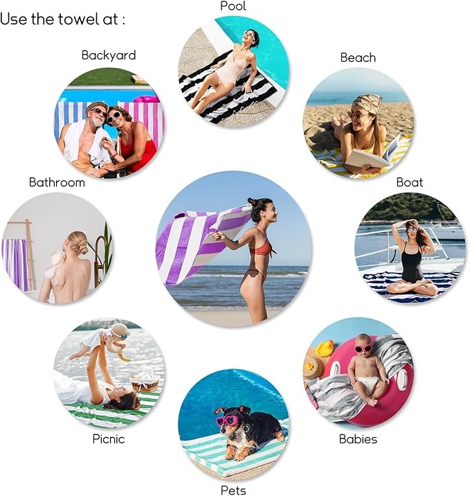 cabanana Large Oversized Beach Towel - 35 x 70 Inch Cotton Pool Towel, Purple Striped Soft Cabana Swim Towel