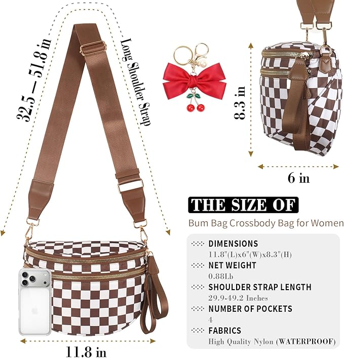 Checkered Crossbody Bags for Women, Spacious Sling & Stylish Bum Bag for Travel, Concerts, Festival, Nylon Fanny Pack Belt Bag (Colour Bum Bag-Brown Checkered)