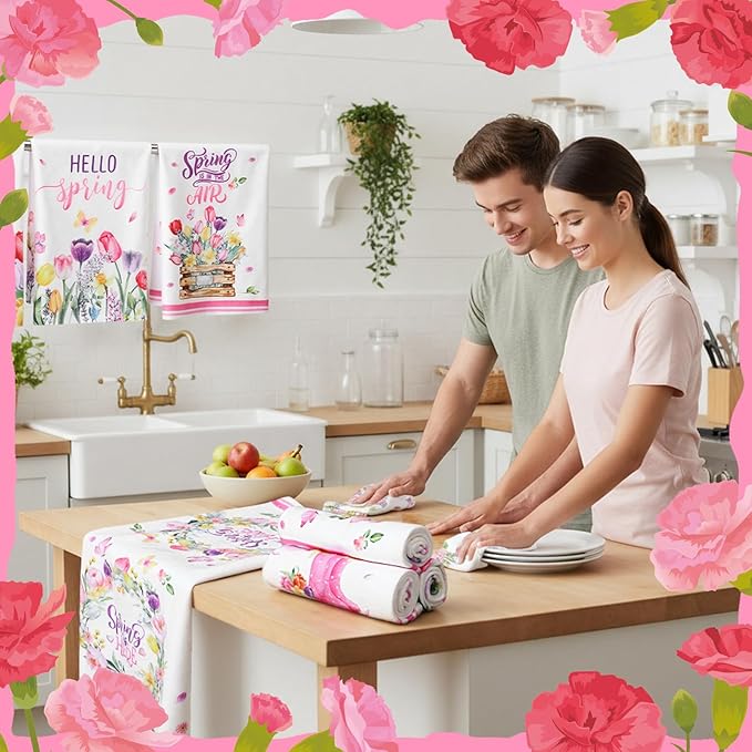Breling Set of 6 Spring Kitchen Towels Tulip Dish Towel Flower Bathroom Decorative Rustic Dishcloth for Farmhouse Spring Kitchen Bathroom Home Cooking Housewarming Gifts, 14 x 21 Inch