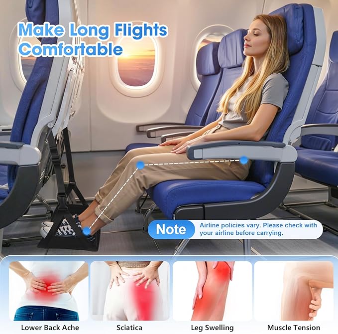 Airplane Foot Rest - Lightweight Foot Hammock for Plane Travel with Adjustable Strap & Thick Board, Tray Table Under Desk Footrest to Relax Feet, Travel Essentials for Long Flights(Black)