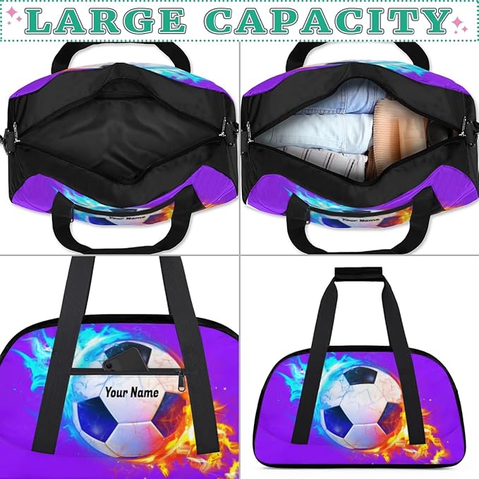 Purple Soccer Personalized Duffel Bag for Girls Boys Custom Name Sport Gym Bag Small Overnight Weekender for Traveling Gymnastic Ballet