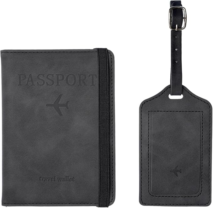 Luggage Tag and Passport Holder Set,Passport Cover with Card Slot and Boarding Pass Slot Combo,Passport Travel Must Have, Waterproof and Scratch Resistant Travel Accessories（Black）