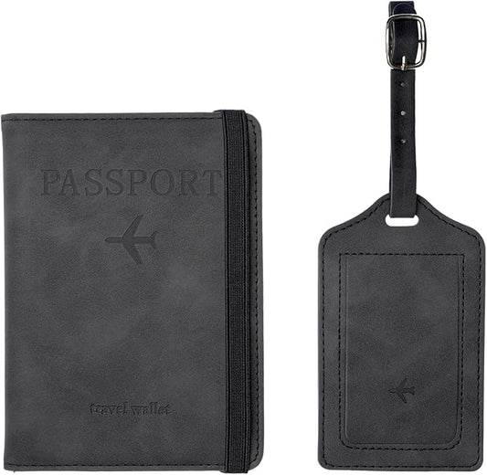 Luggage Tag and Passport Holder Set,Passport Cover with Card Slot and Boarding Pass Slot Combo,Passport Travel Must Have, Waterproof and Scratch Resistant Travel Accessories（Black）