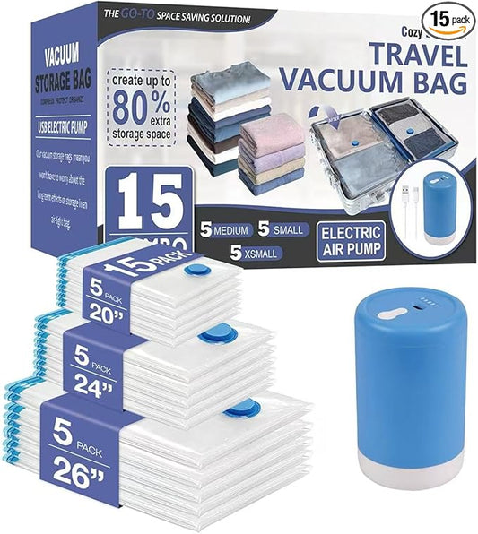 Cozy Essential Travel Vacuum Storage Bags with Rechargeable Cordless Electric Pump, Space Saver Bags for Luggage, Suitcase, Carry-On, for Clothes, Blankets, Comforters, Pillows, 15 Combo