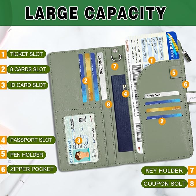 Deziliao Passport Wallet for Men and Women, Mulit-purpose RFID Blocking Passport Holder Travel Wallet, Passport and Vaccine Card Holder Combo, Travel Essentials Passport Cover Case（Moss Green）