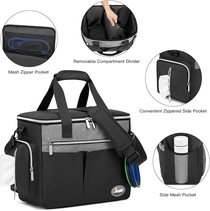 Dog Travel Bag for Pet Kit for Supplies with 2 Food Storage Containers 2 Collapsible Bowls 1 Feeding Mat 1 Dog Treat Pouch 7-Piece Set Perfect Road Trips Camping Weekend or Doggy Gift, Black
