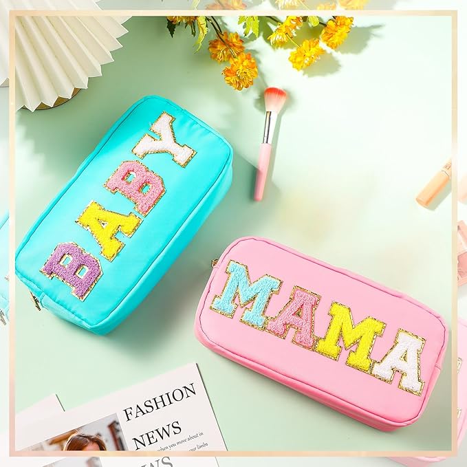 Sanwuta 2 Pieces Mama Gifts Makeup Bag Mom Pouch Birthday Gifts Nylon Cosmetic Bag Mothers Day Appreciation Toiletry Preppy Patch Chenille Letter for Women Her New Mom(Pink, Blue,Baby and Mama)