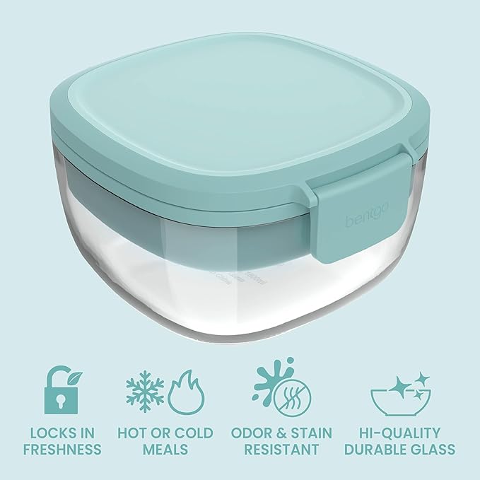 Bentgo Glass Salad Container - 7.6-Cup Salad Bowl with Airtight Lid, Leak-Proof Sauce Container, 4-Compartment Bento Tray & Reusable Fork - BPA-Free for Meal Prep, Office & More (Coastal Seaglass)