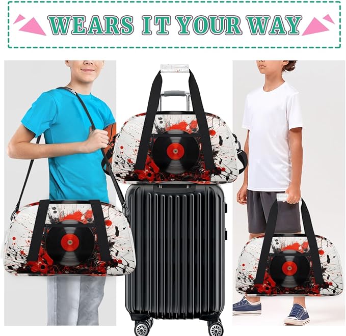 Black Records DJ Gym Travel Duffle Bag for Women & Men with Front Zipper Pocket for Sports, Overnight, Weekender, Carry On,Workout & Dance Bag,Graffiti Records,18.9 * 8.7 * 10.6 in
