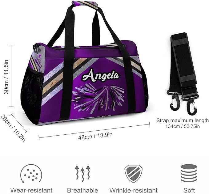 Personalized Name Travel Bag Sports Player Duffel Bags Purple Cheerleader Silver Glitter Print Perform Training Bag for Men Women Adjustable Shoulder Strap