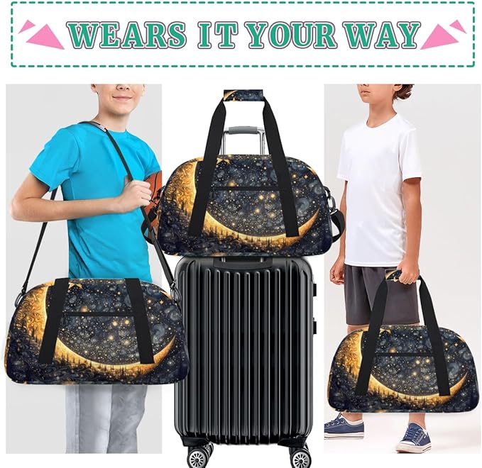 Forest Moon Gym Travel Duffle Bag for Women & Men with Front Zipper Pocket for Sports, Overnight, Weekender, Carry On,Workout & Dance Bag,Golden Moon Star,18.9 * 8.7 * 10.6 in