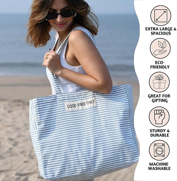 Folkulture Beach Bag For Women | 17 x 14 Inch - 100% Cotton Beach Tote Bag With Zipper Pocket Inside, Large Woven Pool Bag