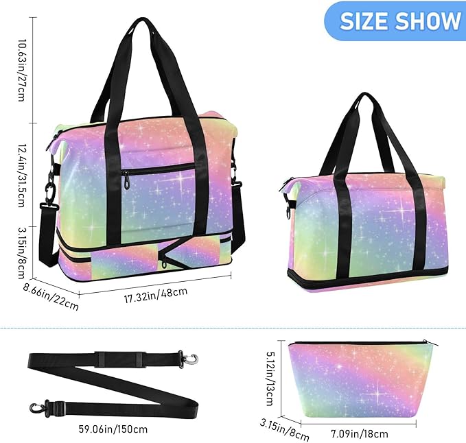 Travel Duffel Bags for Women Glitter Rainbow Gradient Sports Duffel Bags Gym Bags with Shoes Compartment Tote Bag Weekender Bag for Travelling