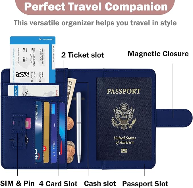 HOTCOOL Passport Holder Travel Essentials Airplane & Cruise Essentials Ship Leather Wallet Cover Case RFID Blocking Women & Men Vacation Travel Accessories Gifts Deals, Litchi - Navy Blue