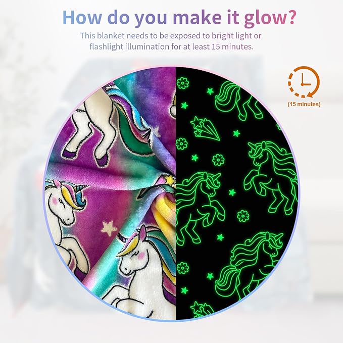 Unicorn Glow in The Dark Blankets for Girls, Kids Blankets for Baby/Toddler, Unicorns Gifts for Girls Age 1-12, Soft Fleece Blanket 50"x 60"