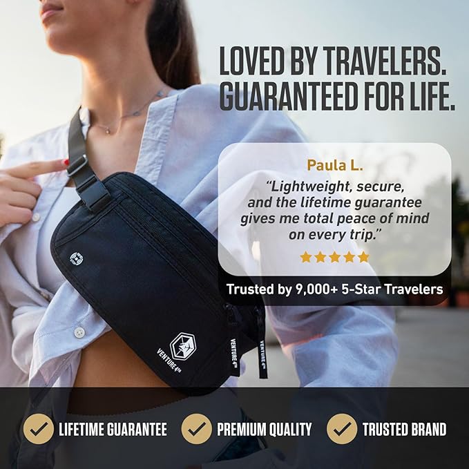 VENTURE 4TH Money Belt for Travel – Hidden Under-Clothes RFID Blocking Passport Holder & Slim Travel Wallet Pouch for Men & Women to Protect Cash, Cards & Documents (Silver)