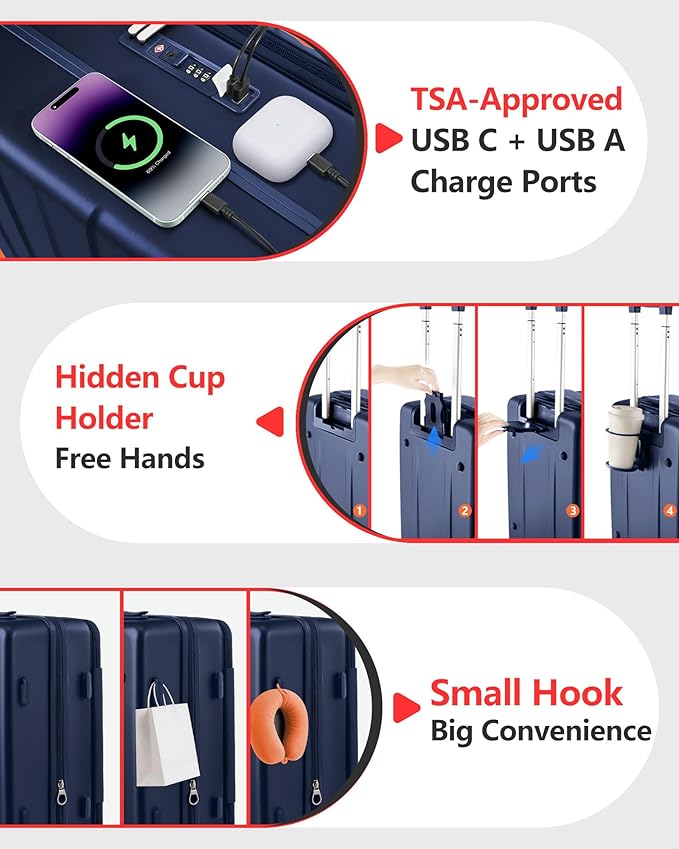 Expandable 20Inch Carry On Luggage Airline Approved - Top Opening Hardside Travel Suitcase Unbreakable -with Cup Holder,USB Charge,Side Pothook, 360°Spinner Wheels, TSA Lock-Navy Blue