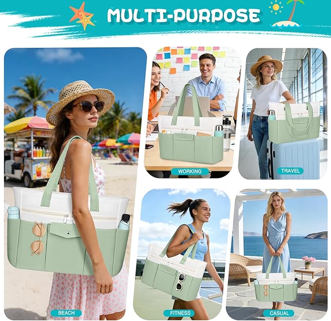 Beach Bags for Women Large Canvas Beach Tote with Zipper Wet Pocket, Waterproof Foldable Swim Pool Travel Tote Bags