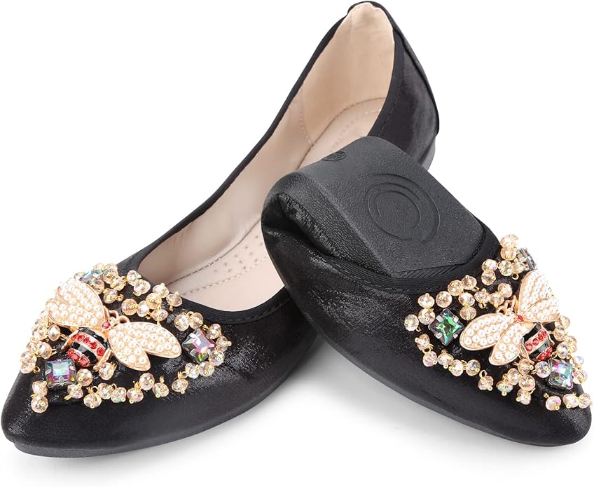 KUNWFNIX Women Ballet Flats Rhinestone Wedding Ballerina Shoes Foldable Sparkly Comfort Slip on Flat Shoes