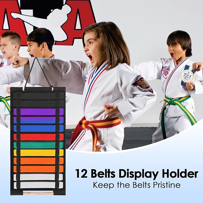 Karate Belt Display Rack, Taekwondo Belt Display Holder with Bamboo Medal Rack, Jiu Jitsu Belt Hanging Holder, Felt Martial Arts Belts Organizer for Taekwondo, Karate, BJJ Learners