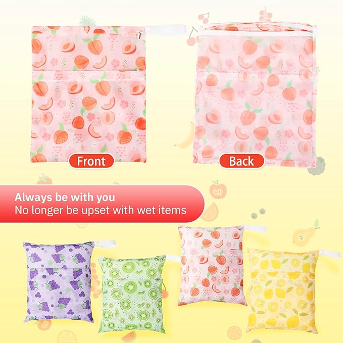 Frienda 4 Pieces Wet Dry Bag for Baby Waterproof Reusable Washable Diaper Bag Sealed with Handle for Travel, Beach, Swimsuit, Diapers, Dirty Gym Clothes and Toiletries (Fruit)