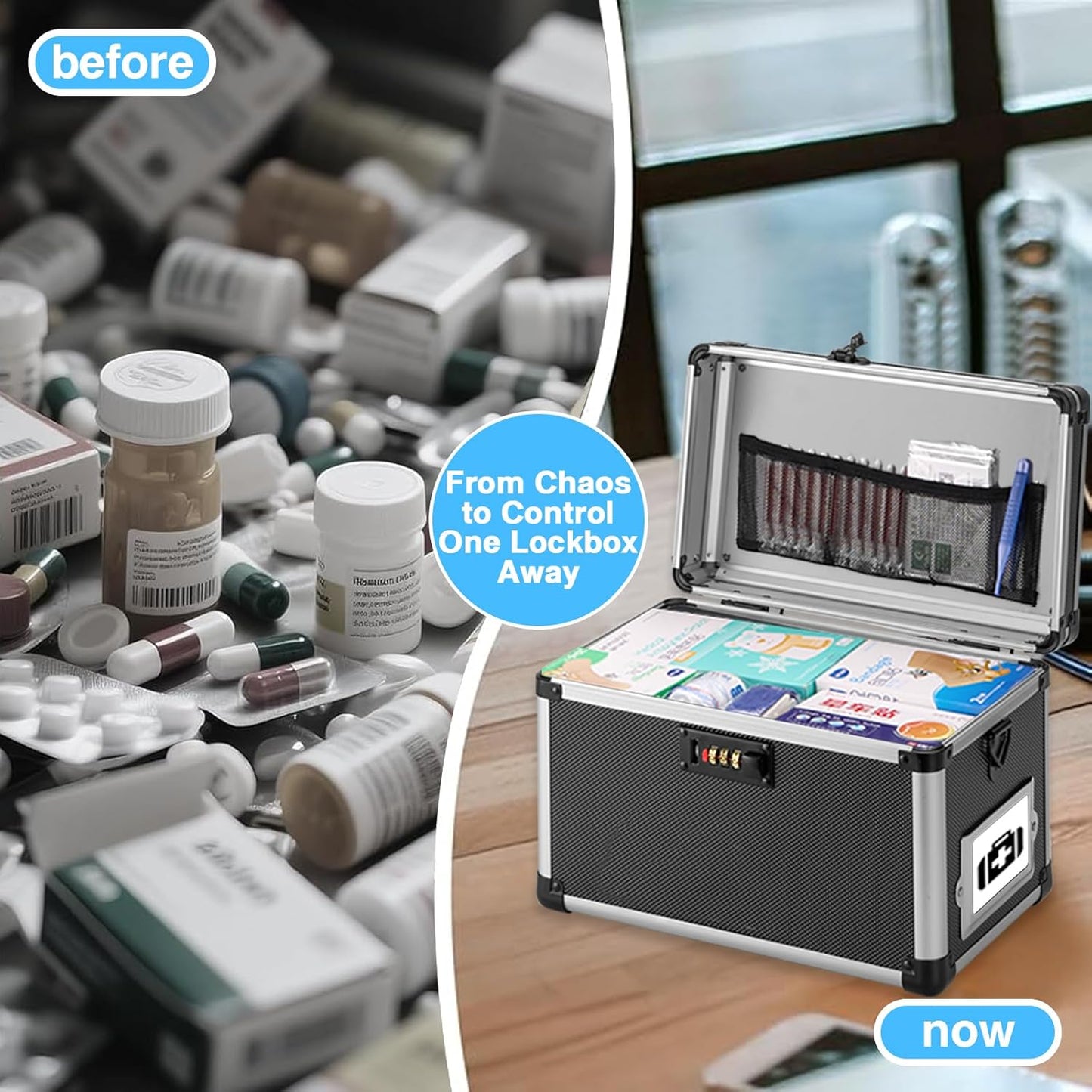 10.2 x 7 x 7.5 Inch Lockable Storage Box with Combination Lock, Portable Safe for Documents, Medicine, Cash & Valuables, Medicine Lock Box with Label Slot for Home, Office & Travel - Black