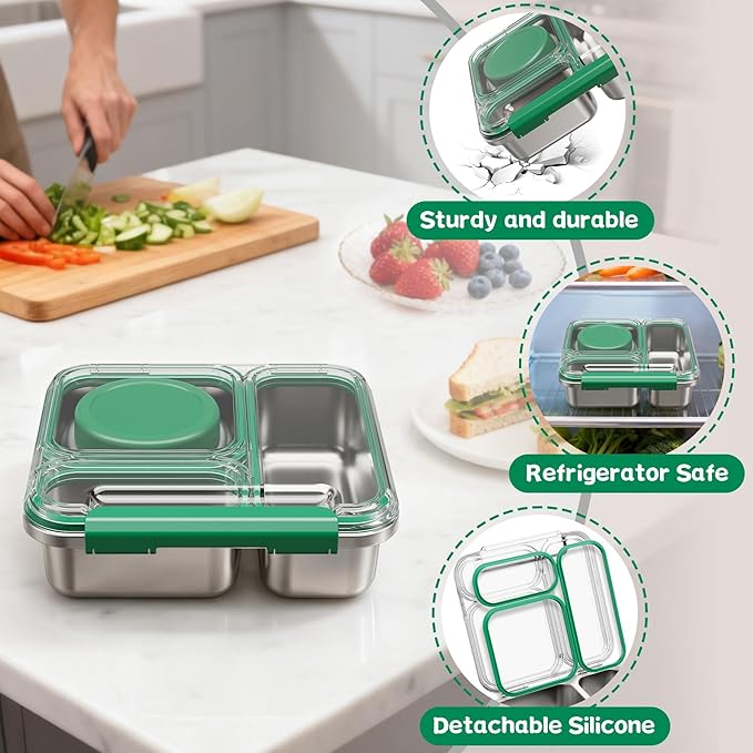 Stainless Steel Bento Box Kids Adult with 7oz Insulated Food Jar, Transparent Lid Metal Lunch Box With Soup Thermal Jar, Lunch Box Container with Removable Divider & Sauce Cup School (Green)