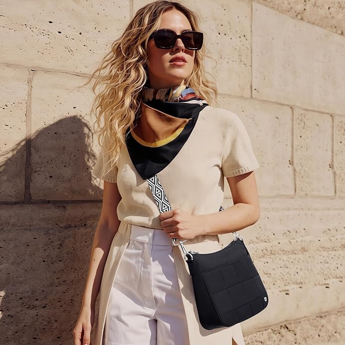 Anti Theft Crossbody Bags for Women,Quilted Puffer Travel Purses Shoulder Hobo Bag Handbag with Guitar Strap