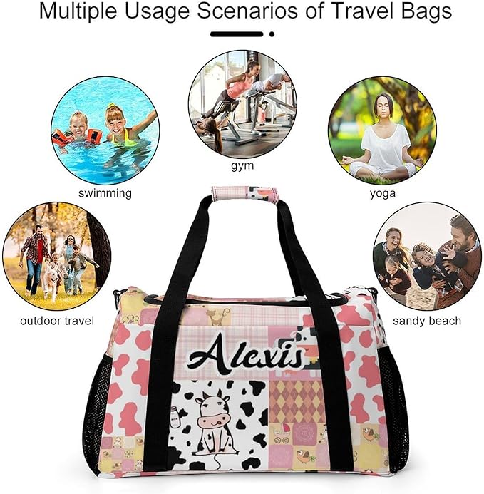 Custom Pink Red Plaid Patchwork Cow Duffel Bag with Name Adjustable Shoulder Strap Pack Handheld Crossbody Travel Bag for Teens Men Women