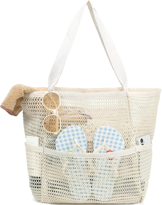 Fammart Mesh Beach Bag for Women, Summer Straw Tote Hobo Pool Bags with Zipper Pocket, Travel Vacation Cruise Essentials 2026