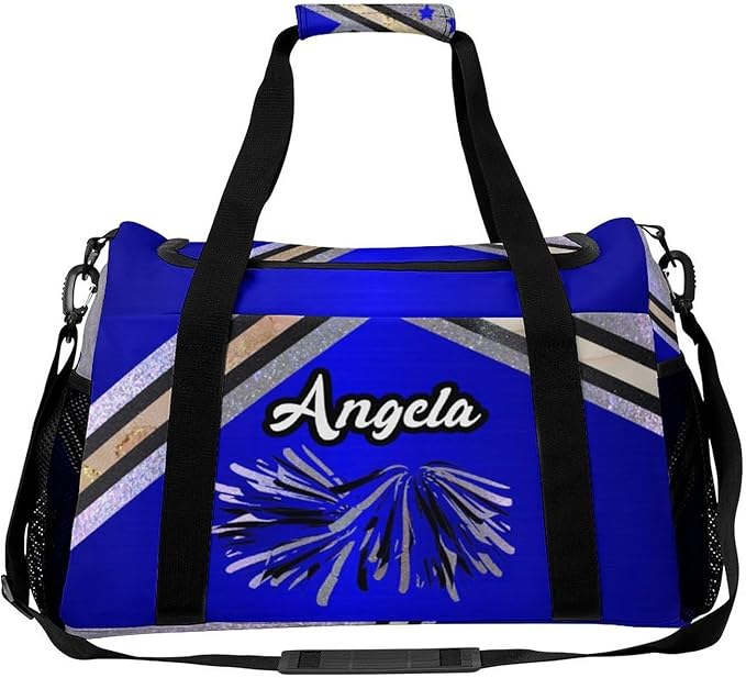 Personalized Sports Duffle Bags for Training, Navy Blue Cheering Silver Stripes Travel Bags with Adjustable Shoulder Strap, Custom Name Birthday Holiday Gift