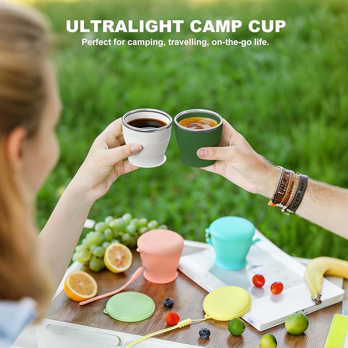 Collapsible Travel Cup, BPA-Free Reusable Water Cup, Lightweight Drinking Cups with Lids and Carrying Strap, Dishwasher Safe Silicone Cups for Camping, Travel, Airports, Hotel (6.7oz, Green)