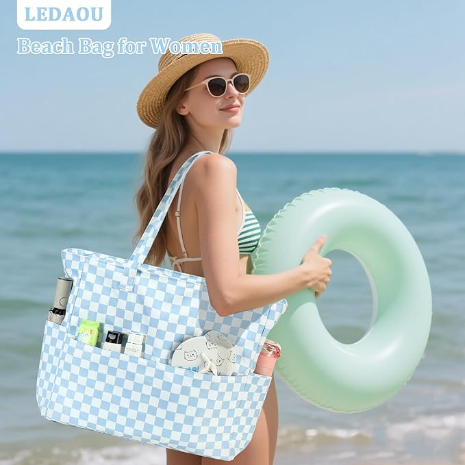 LEDAOU Beach Bag Waterproof Sandproof Women Beach Tote Pool Bag with Zipper for Swim Gym Grocery Travel with Wet Pocket | Sandproof, with Zipper, for Gym, Grocery, Travel, with Wet Pocket