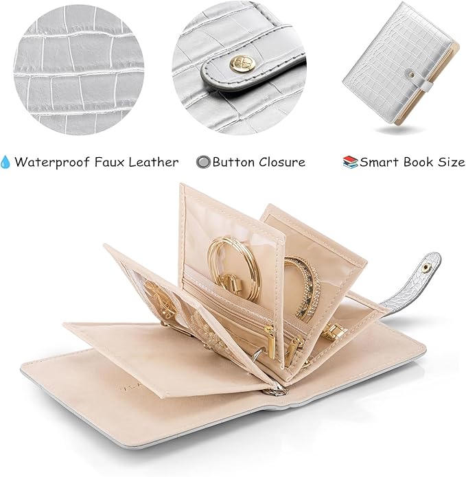 VLANDO Small Jewelry Book Organizer - Leather Travel Jewelry Case with 5 Detachable Pages, Multi Zipped Pockets for Necklaces Rings, Earrings, Tangle-Free, Croco Silver