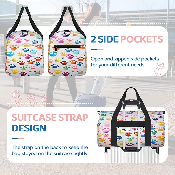 Colorful Pawprint Design Travel Duffle Bag for Women Men, Overnight Weekender Bag, Carry on Tote for Sport Gym