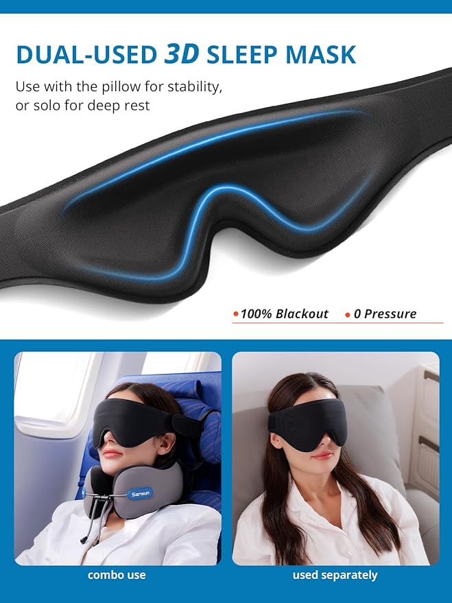 Neck Pillow, Real Neck Support Travel Pillow with Strap, Combo with 3D Eye Mask for Sleep, Dual-Density Supportive Foam Neck Pillow for Airplane Flights, Car Road Trip Travel Essentials Gray