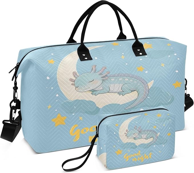 Travel Duffle Bag, Light Blue Axolotl Gym Bag with Storage Bag Weekender Overnight Bag for Men Women Trip Sports Yoga