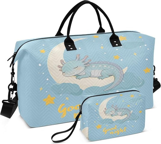 Travel Duffle Bag, Light Blue Axolotl Gym Bag with Storage Bag Weekender Overnight Bag for Men Women Trip Sports Yoga