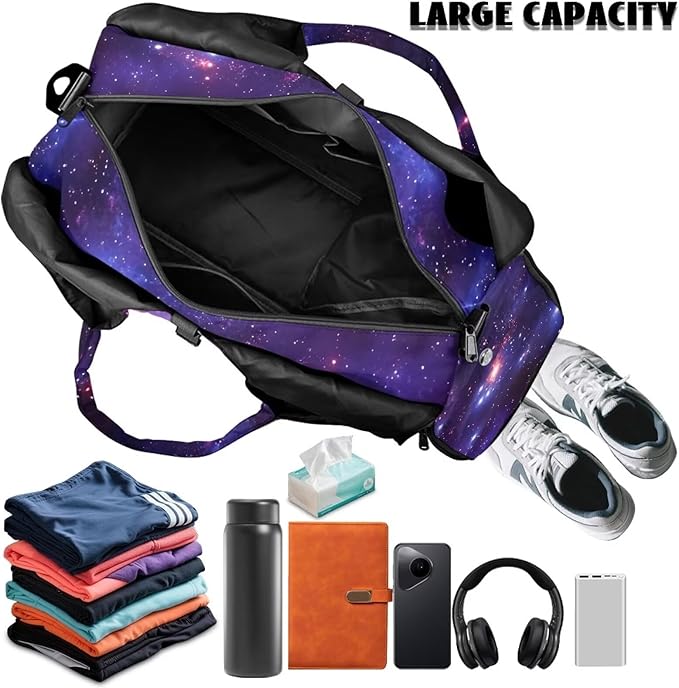 Galaxy Starry Sky Gym Bag for Women Duffle with Shoe Compartment & Yoga Mat Strap Overnight Weekender Personal Item Travel Bag Carry On Luggage for Plane Short Trips
