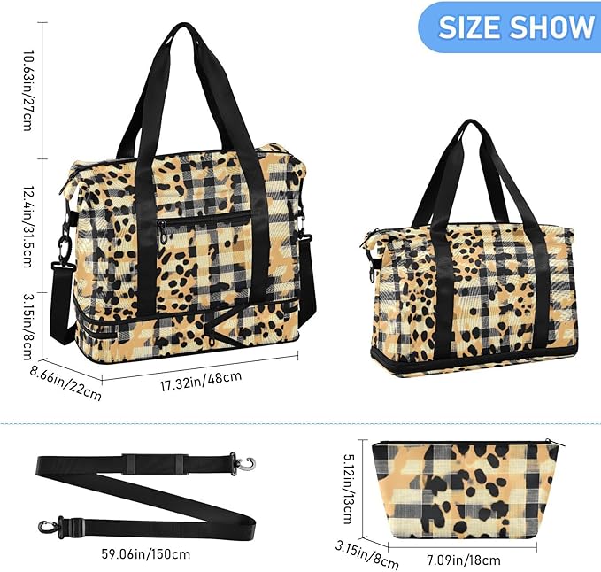 Gym Bag Duffel Bags Checkered Leopard Print Carry On Weekender Bag Set with Shoes Compartment for Travel Sports Yoga