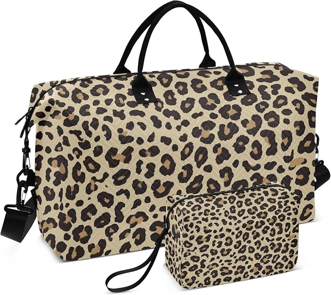Travel Duffle Bag, Brown Leopard Print Gym Bag with Storage Bag Weekender Overnight Bag for Men Women Trip Sports Yoga