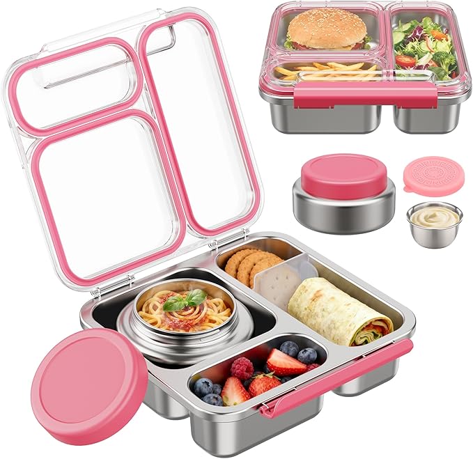 Stainless Steel Bento Box Kids Adult with 7oz Insulated Food Jar, Transparent Lid Metal Lunch Box With Soup Thermal Jar, Lunch Box Container with Removable Divider & Sauce Cup School (Pink)