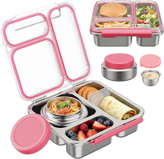 Stainless Steel Bento Box Kids Adult with 7oz Insulated Food Jar, Transparent Lid Metal Lunch Box With Soup Thermal Jar, Lunch Box Container with Removable Divider & Sauce Cup School (Pink)